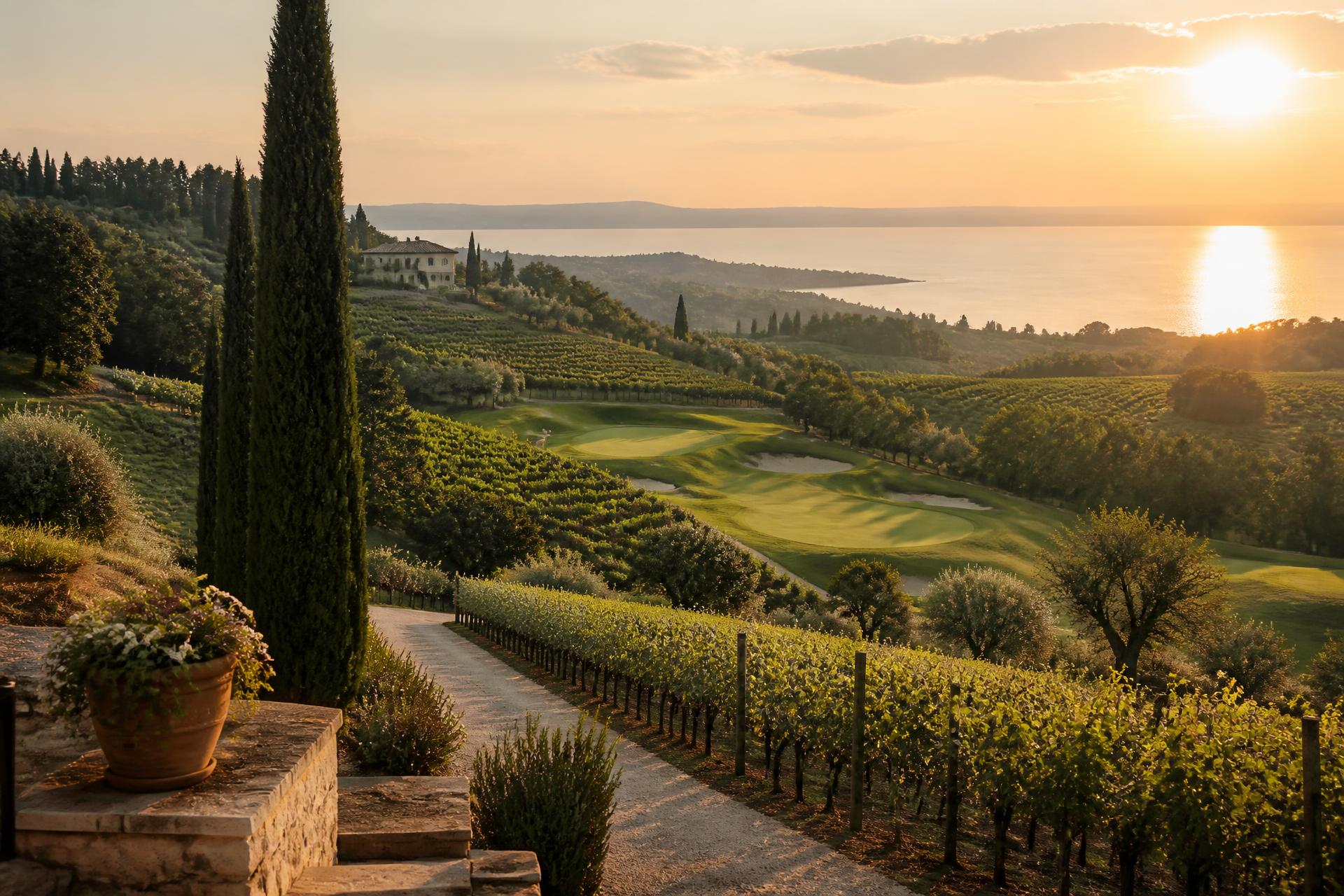 Weinberge, Golfplatz und Gardasee im Abendlicht